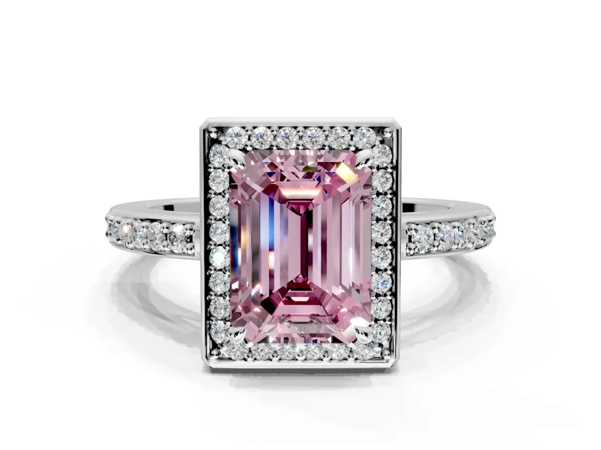 Halo Engagement Ring Setting for Fancy Pink Emerald Cut Center with Metal-Rimmed Halo, Pave Band and Prong Head in Sterling Silver