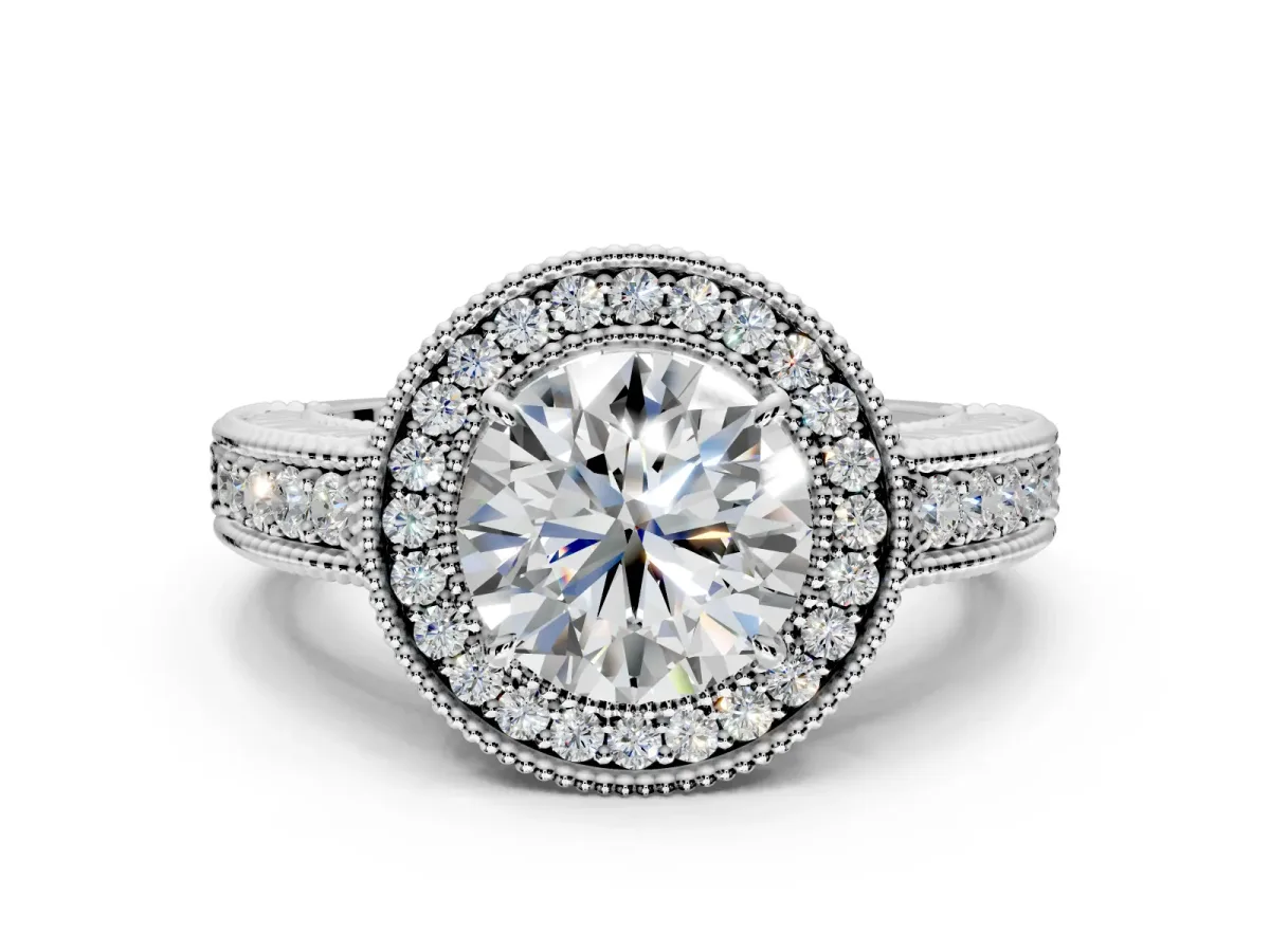 Milgrain Halo Engagement Ring Setting for Round Cut Center with Pave Band and Prong Head in Platinum
