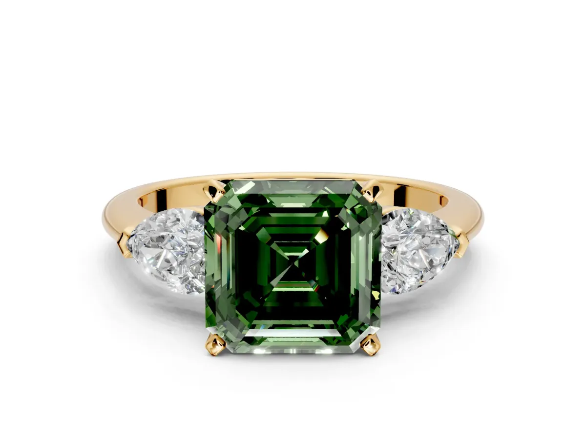 3 Stone Engagement Ring Setting for Fancy Green Asscher Cut Center with Large Pear-Shaped Accents and Prong Head in Yellow Gold