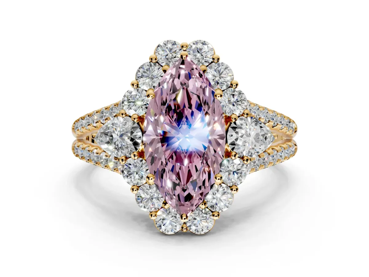 Halo Engagement Ring Setting for Fancy Pink Marquise Center with Two-Strand Split Shank and Prong Head in Yellow Gold