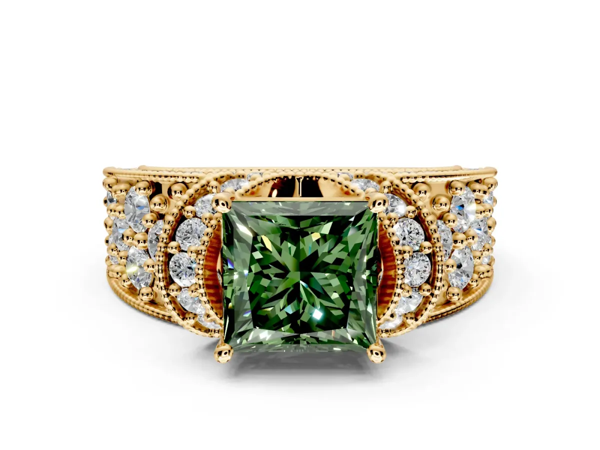Pave Engagement Ring Setting for Fancy Green Princess Cut Center with Curved Accent Rows, Openwork and Prong Head in Yellow Gold
