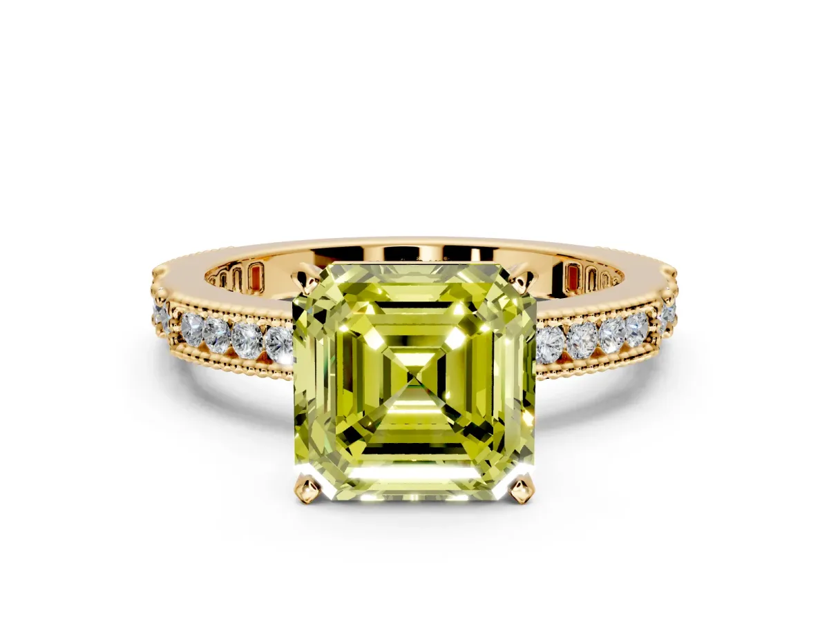 Solitaire Engagement Ring Setting for Fancy Yellow Asscher Cut Center with Milgrain-Edged Pave Band and Prong Head in Yellow Gold