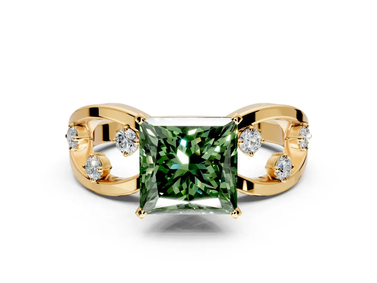 Solitaire Engagement Ring Setting for Fancy Green Princess Cut Center with Criss-Cross Accent Band and Prong Head in Yellow Gold