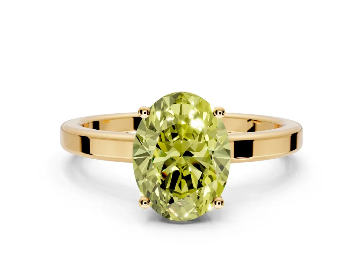 Hidden Halo Engagement Ring Setting for Fancy Yellow Oval Center with Wide Flat Plain Band and Prong Head in Yellow Gold