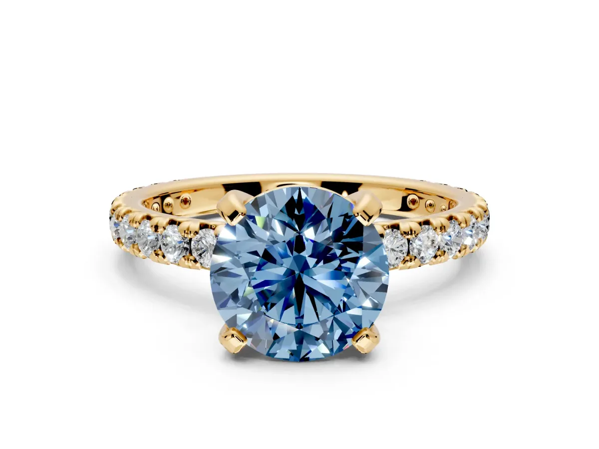 Solitaire Engagement Ring Setting for Fancy Blue Round Cut Center with Shared-Prong Accents and Prong Head in Yellow Gold
