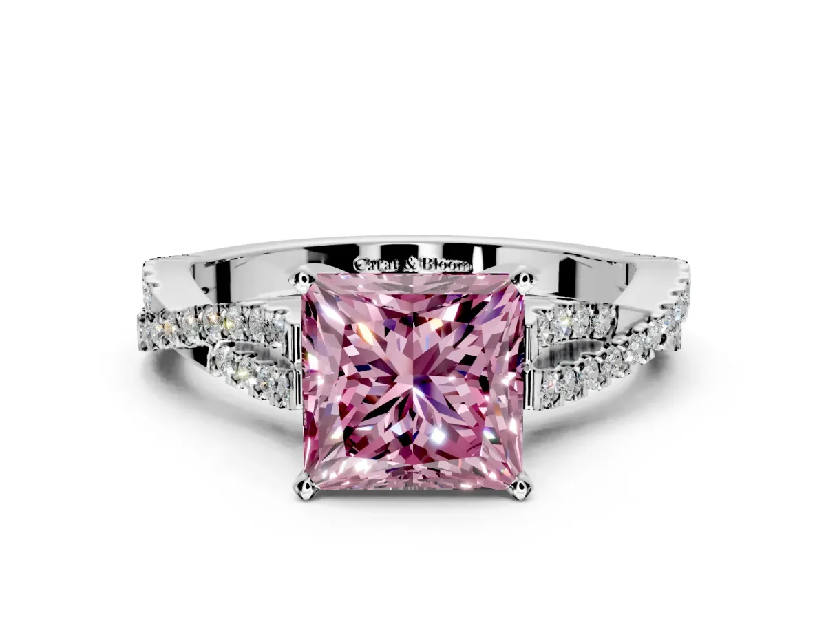 Solitaire Engagement Ring Setting for Fancy Pink Princess Cut Center with Twisted Pave Split Shank and Prong Head in Platinum