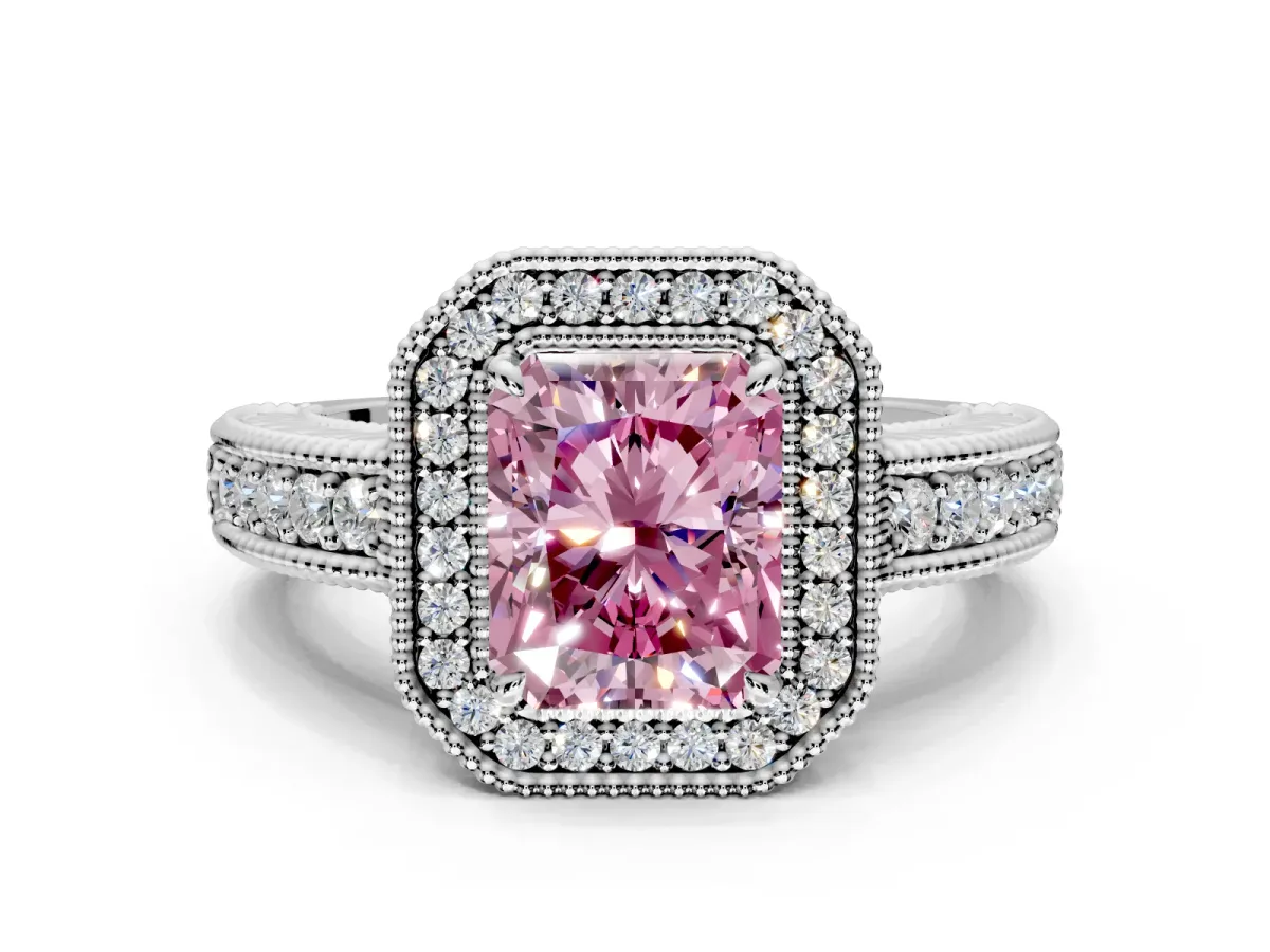 Milgrain Halo Engagement Ring Setting for Fancy Pink Radiant Cut Center with Pave Band and Prong Head in White Gold