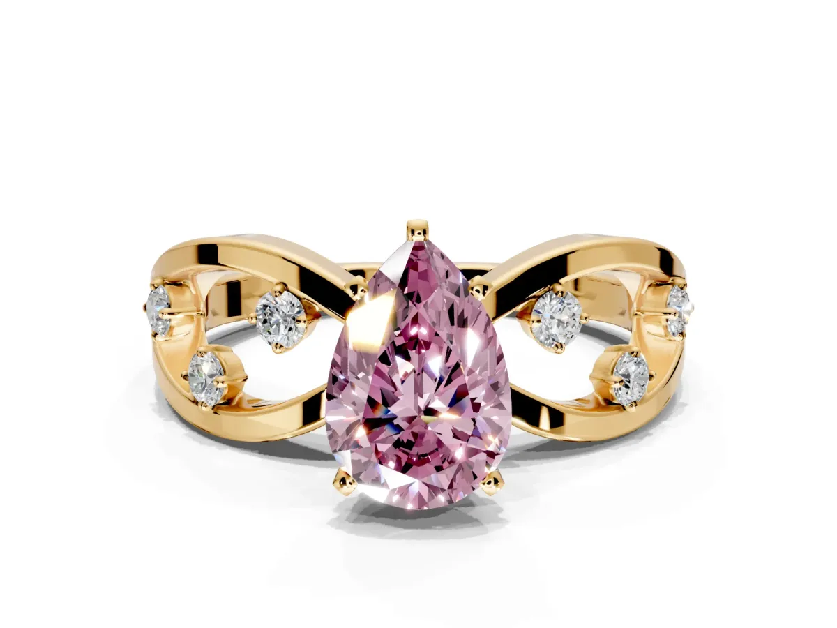 Solitaire Engagement Ring Setting for Fancy Pink Pear-Shaped Center with Criss-Cross Accent Band and Prong Head in Yellow Gold