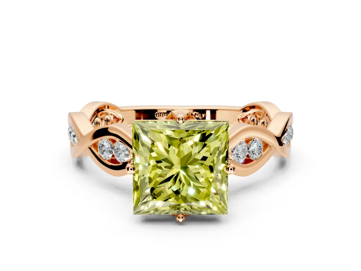 Solitaire Engagement Ring Setting for Fancy Yellow Princess Cut Center with Accented Twist Band and Leaf Prong Head in Rose Gold