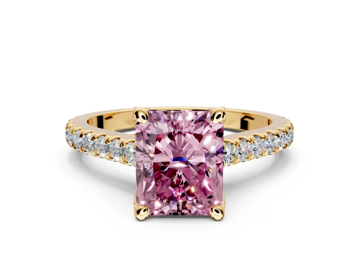 Solitaire Engagement Ring Setting for Fancy Pink Radiant Cut Center with Widening Pave Band and Claw Prong Head in Yellow Gold