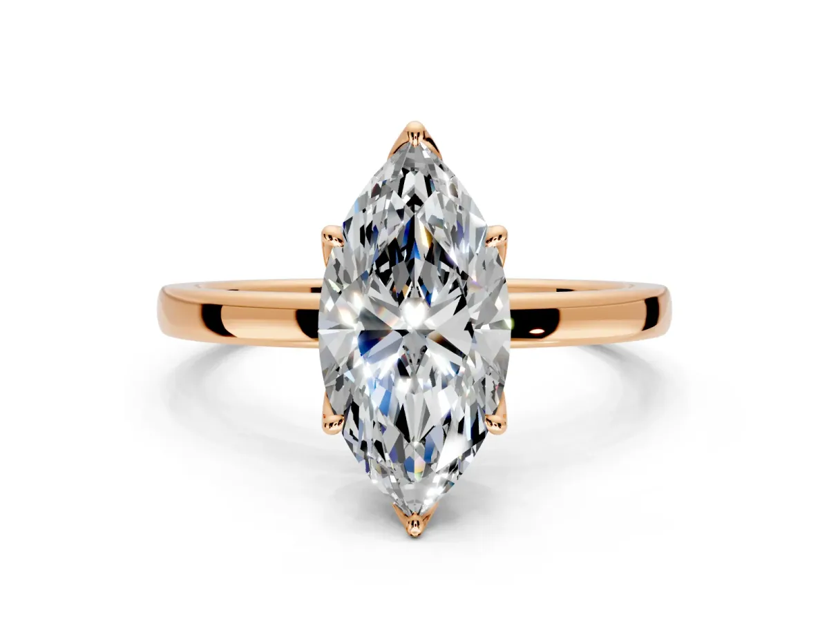 Solitaire Engagement Ring Setting for Marquise Center with Thin Rounded Plain Band and Prong Head in Rose Gold