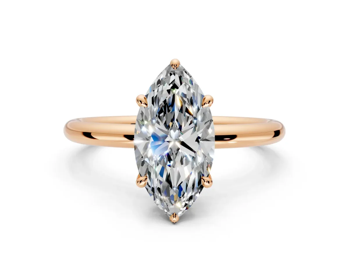 Hidden Halo Engagement Ring Setting for Marquise Center with Thin Rounded Band and Prong Head in Rose Gold