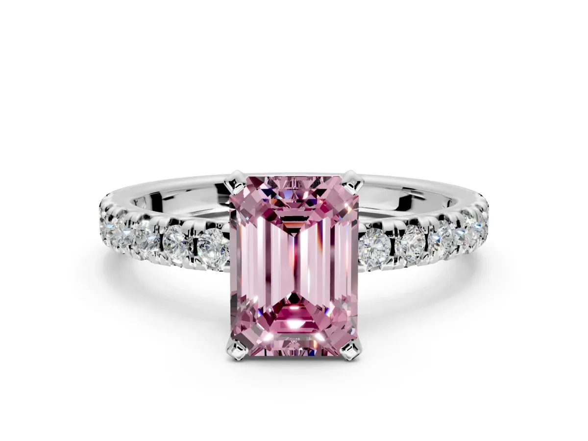 Solitaire Engagement Ring Setting for Fancy Pink Emerald Cut Center with Large Accents and Prong Head in Sterling Silver
