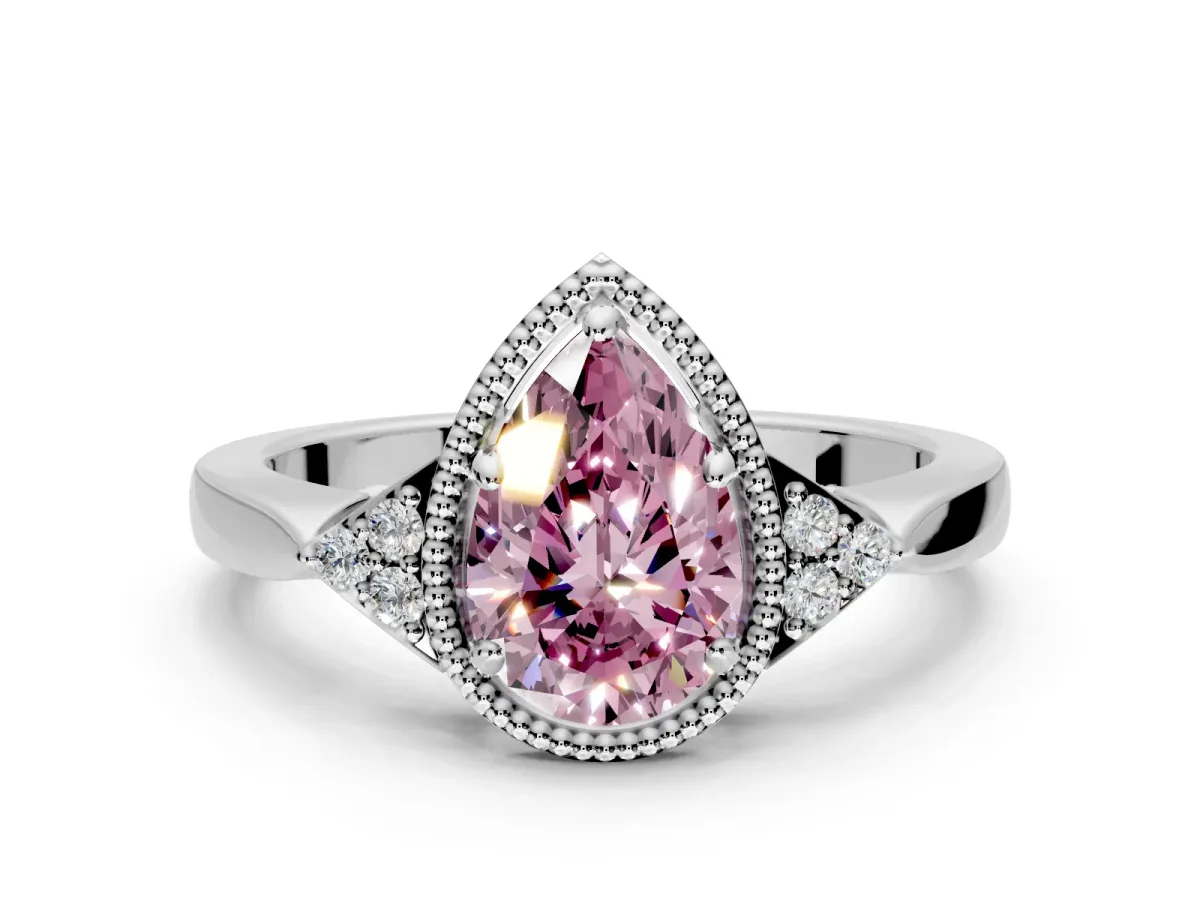 Cluster Engagement Ring Setting for Fancy Pink Pear-Shaped Center with Milgrain Shoulder Clusters and Prong Head in Platinum