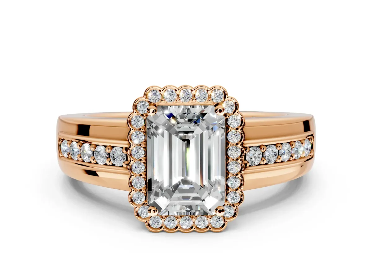 Halo Engagement Ring Setting for Emerald Cut Center with Wide Band, Inlaid Accent Row and Prong Head in Rose Gold
