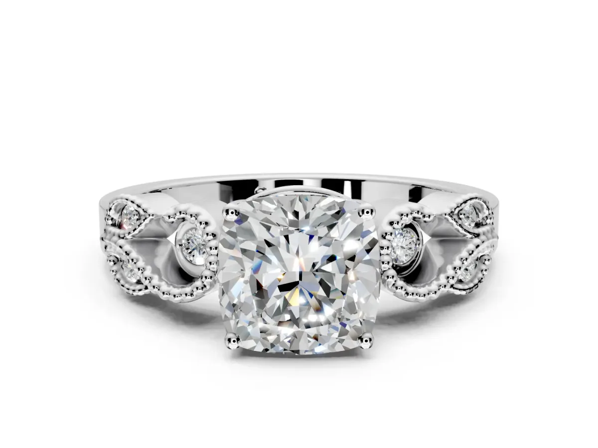 Leaf Engagement Ring Setting for Cushion Cut Center with Milgrain Accent Band and Prong Head in White Gold