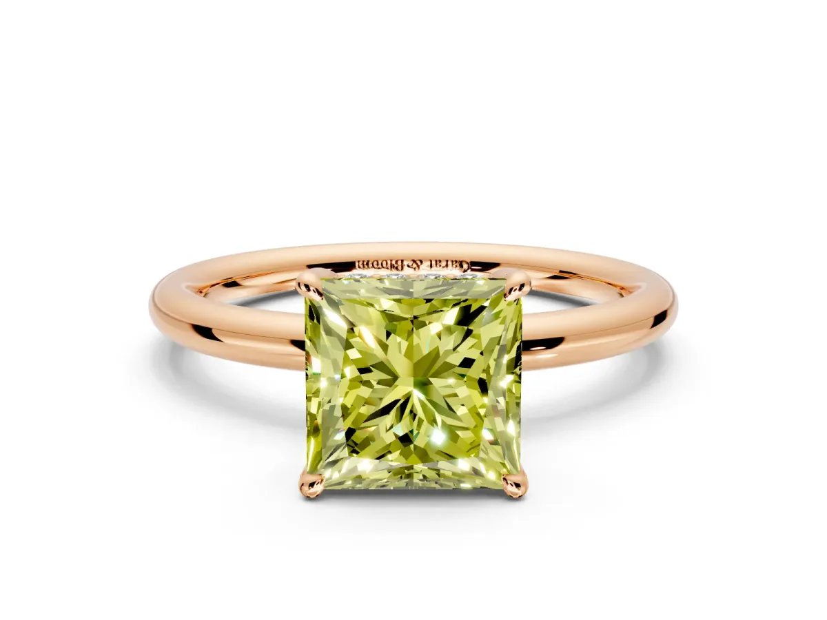 Hidden Halo Engagement Ring Setting for Fancy Yellow Princess Cut Center with Thin Rounded Band and Prong Head in Rose Gold