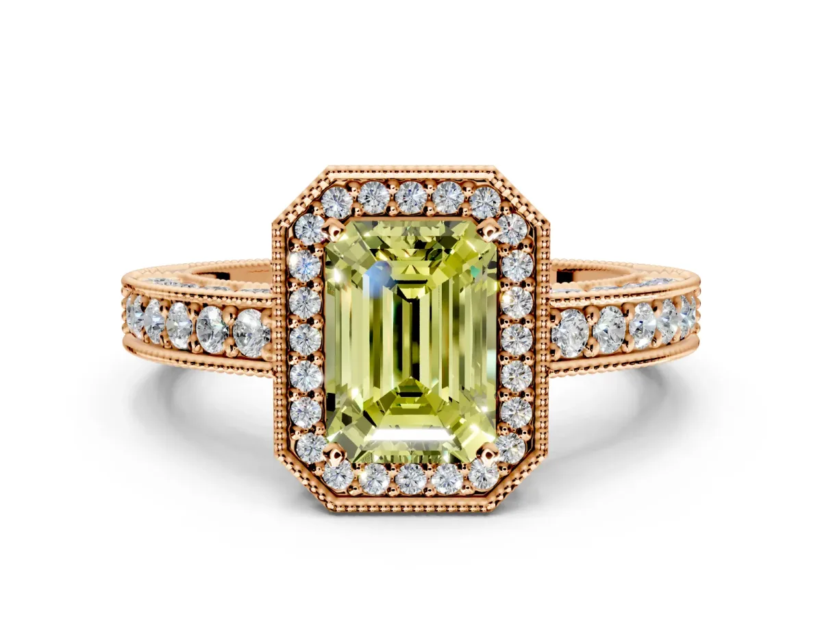 Milgrain Halo Engagement Ring Setting for Fancy Yellow Emerald Cut Center with Wide Pave Band and Prong Head in Rose Gold
