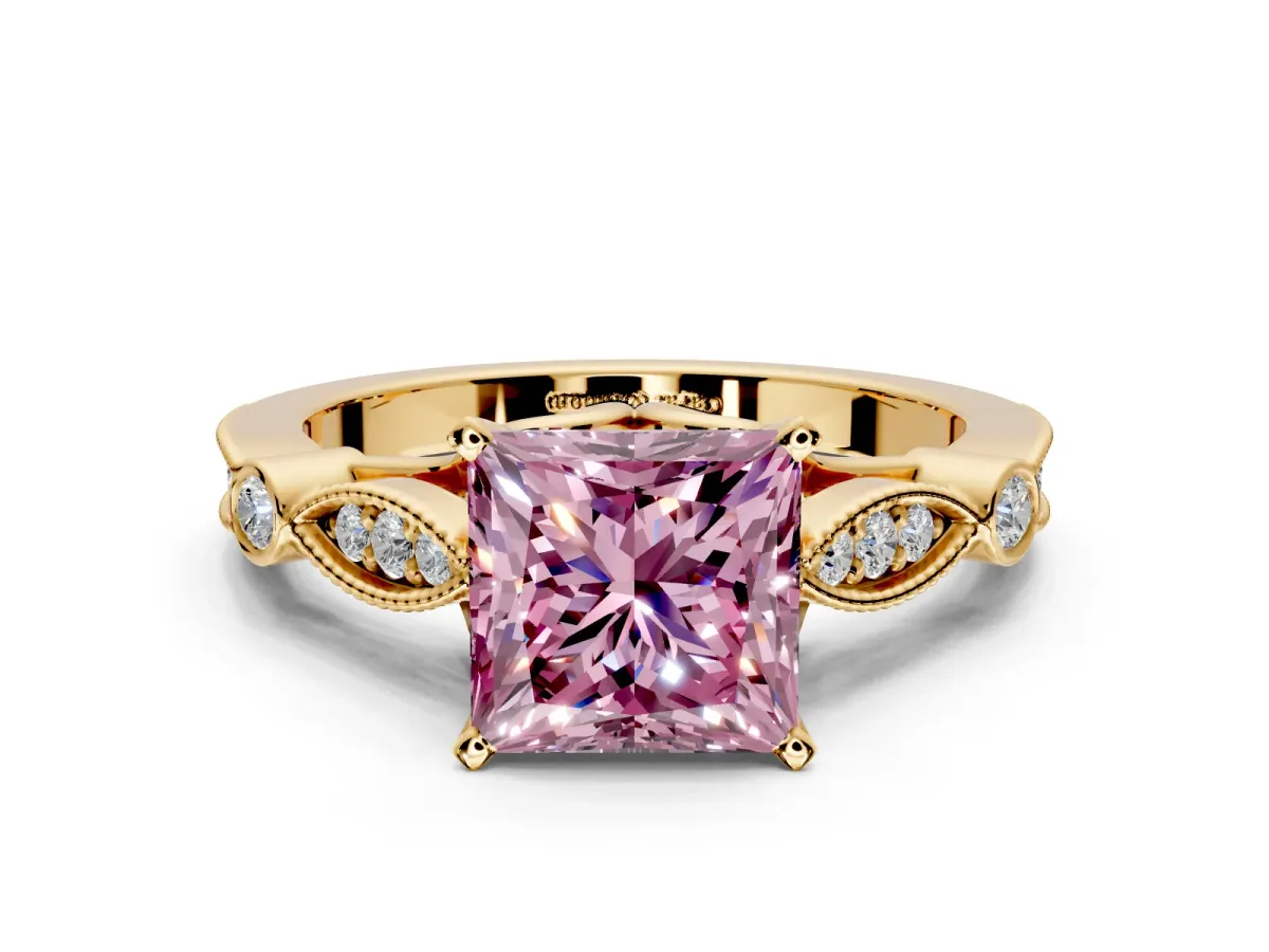 Solitaire Engagement Ring Setting for Fancy Pink Princess Cut Center with Marquise and Bezel Accents and Prong Head in Yellow Gold