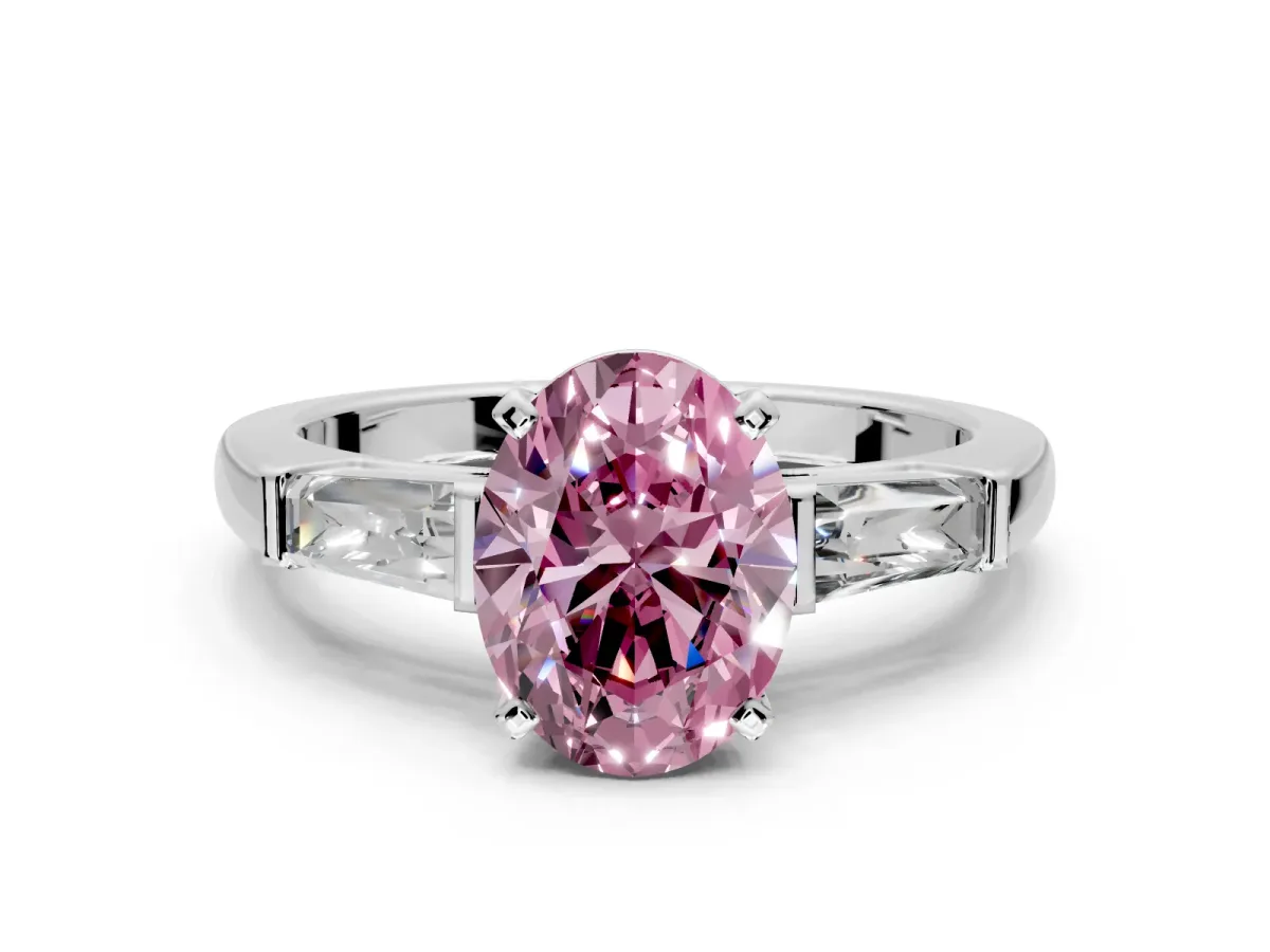3 Stone Engagement Ring Setting for Fancy Pink Oval Center with Tapered Baguettes, Plain Band and Prong Head in Sterling Silver