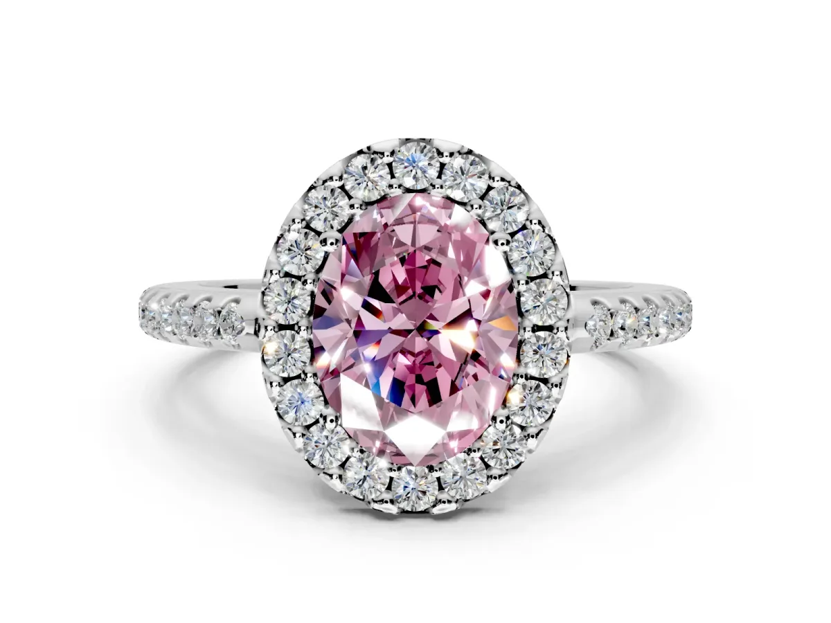 Pave Halo Engagement Ring Setting for Fancy Pink Oval Center with Single Row Pave Band and Prong Head in White Gold
