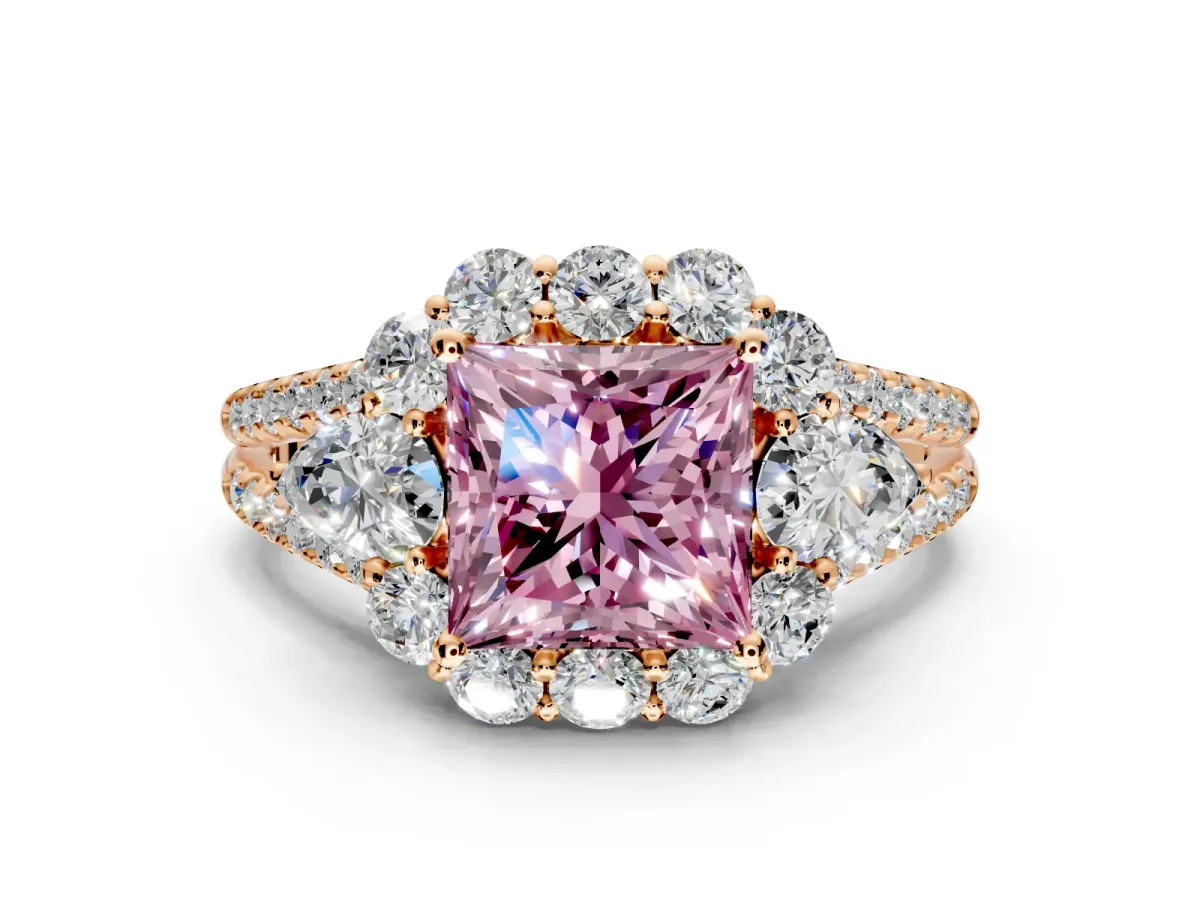 Halo Engagement Ring Setting for Fancy Pink Princess Cut Center with Two-Strand Split Shank and Prong Head in Rose Gold