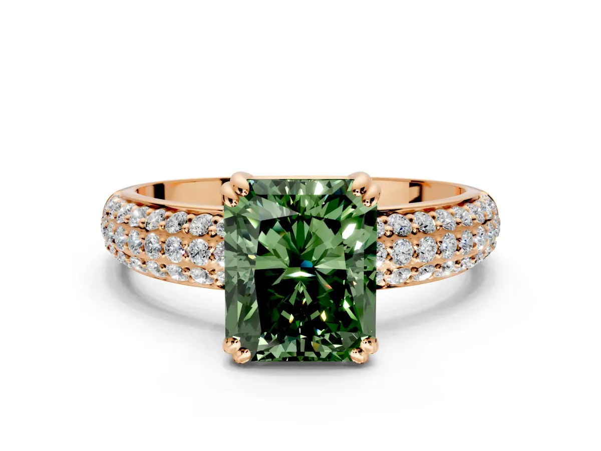 Solitaire Engagement Ring Setting for Fancy Green Radiant Cut Center with Multi-Row Pave Accents and Basket Head in Rose Gold