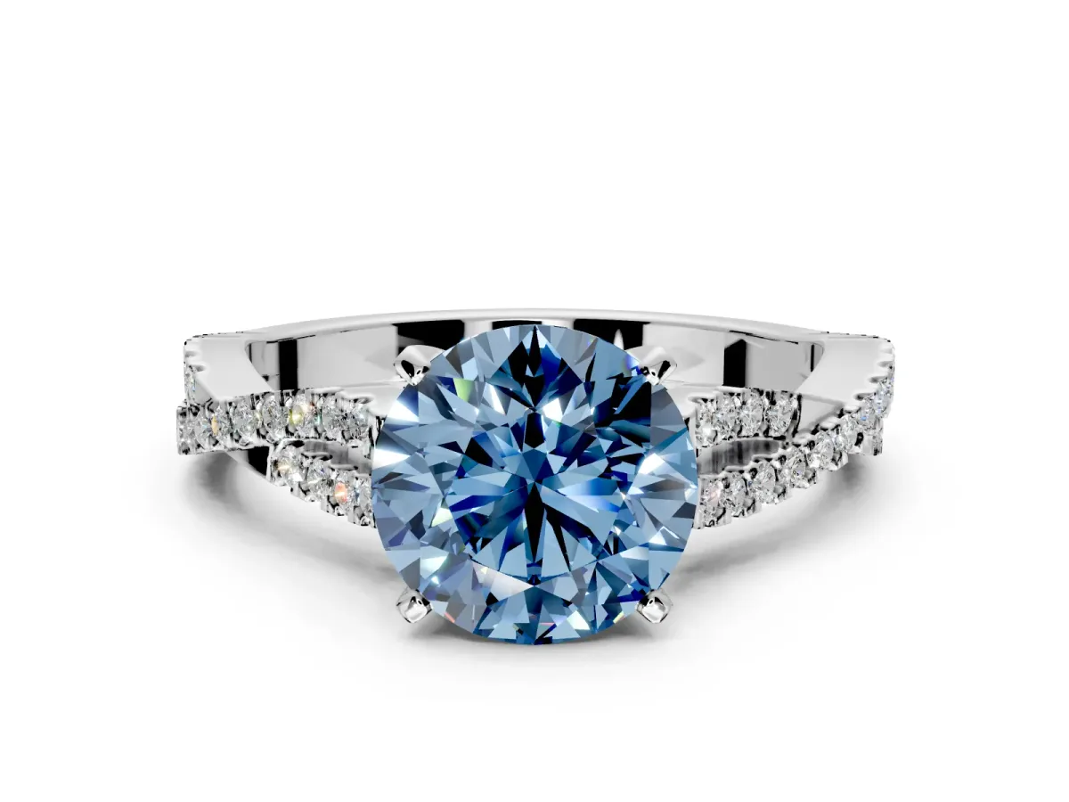 Solitaire Engagement Ring Setting for Fancy Blue Round Cut Center with Twisted Pave Split Shank and Prong Head in Platinum