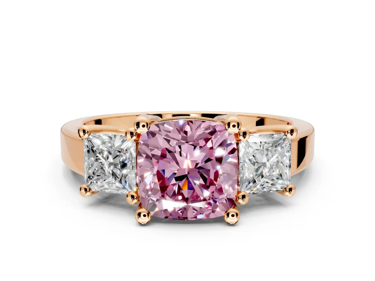 3 Stone Engagement Ring Setting for Fancy Pink Cushion Cut Center with Matching Side Accents and Prong Head in Rose Gold