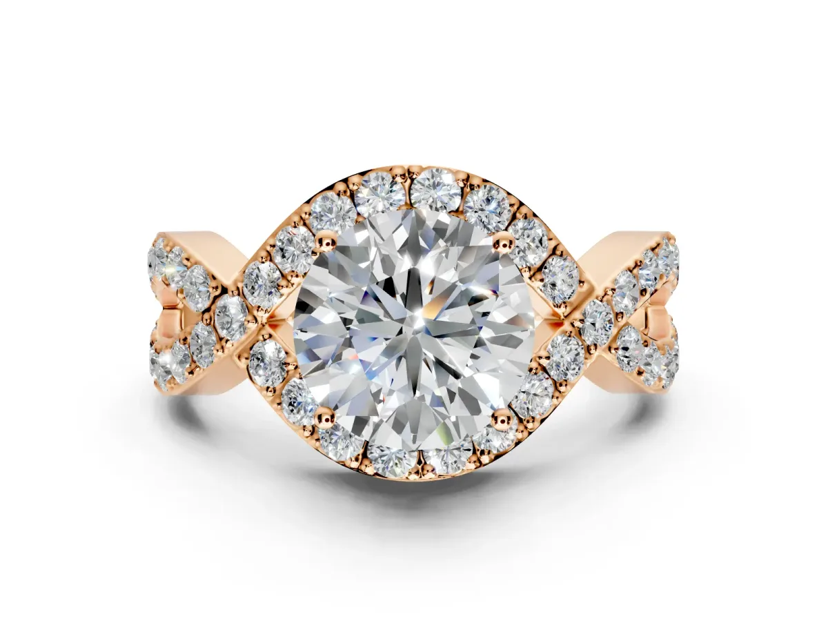 Halo Engagement Ring Setting for Round Cut Center with Pave Infinity Twist Band and Prong Head in Rose Gold