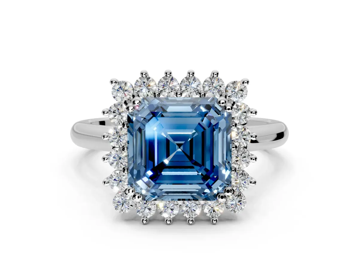 Starburst Halo Engagement Ring Setting for Fancy Blue Asscher Cut Center with Thin Round-Wire Band and Prong Head in Sterling Silver