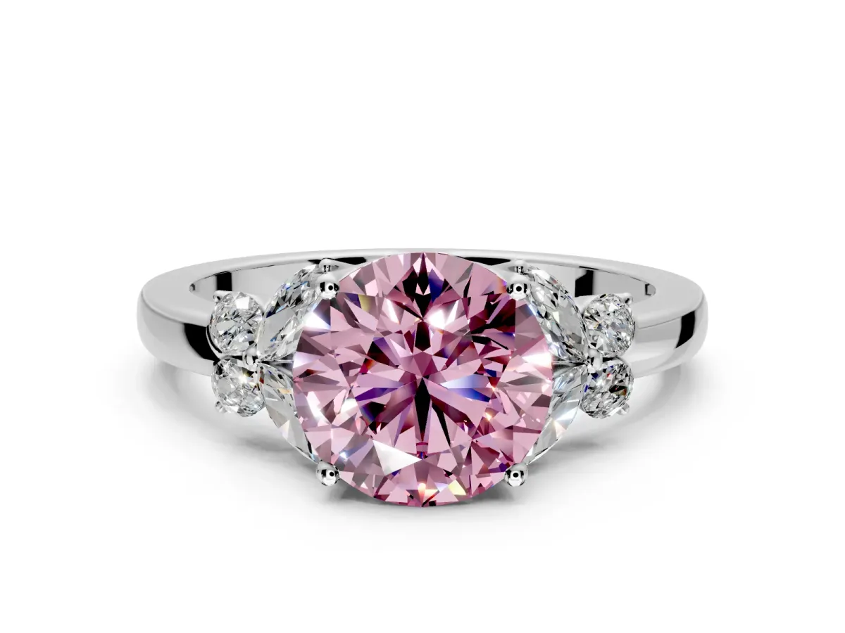Solitaire Engagement Ring Setting for Fancy Pink Round Cut Center with Marquise Flower Shoulders and Prong Head in Platinum