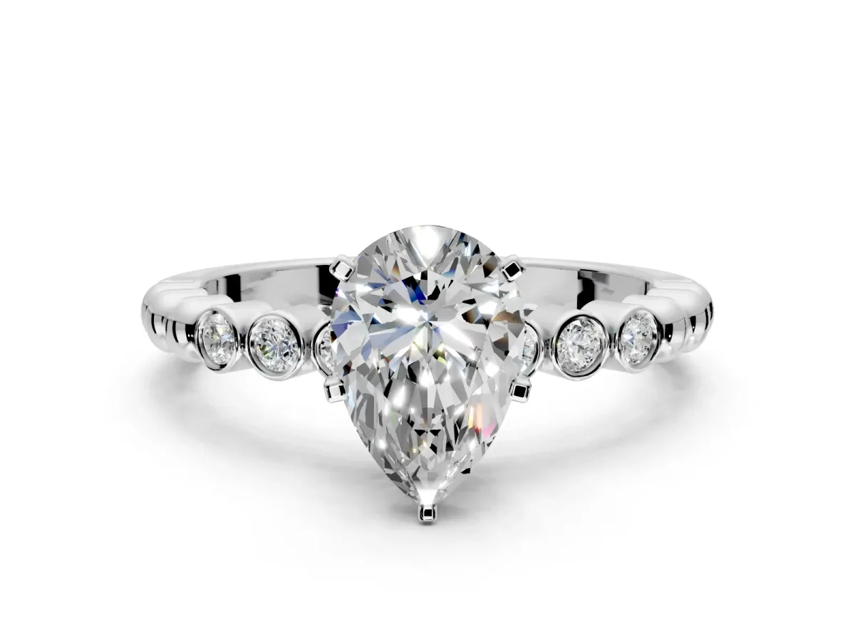 Solitaire Engagement Ring Setting for Pear-Shaped Center with Bezel-Dot Beaded Band and Prong Head in Platinum