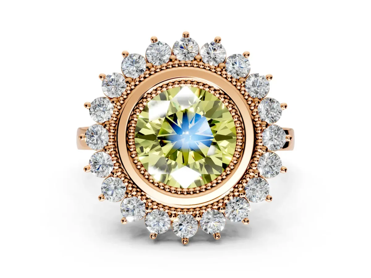 Halo Engagement Ring Setting for Fancy Yellow Round Cut Center with Milgrain Bezel Rim, Plain Band and Prong Head in Rose Gold