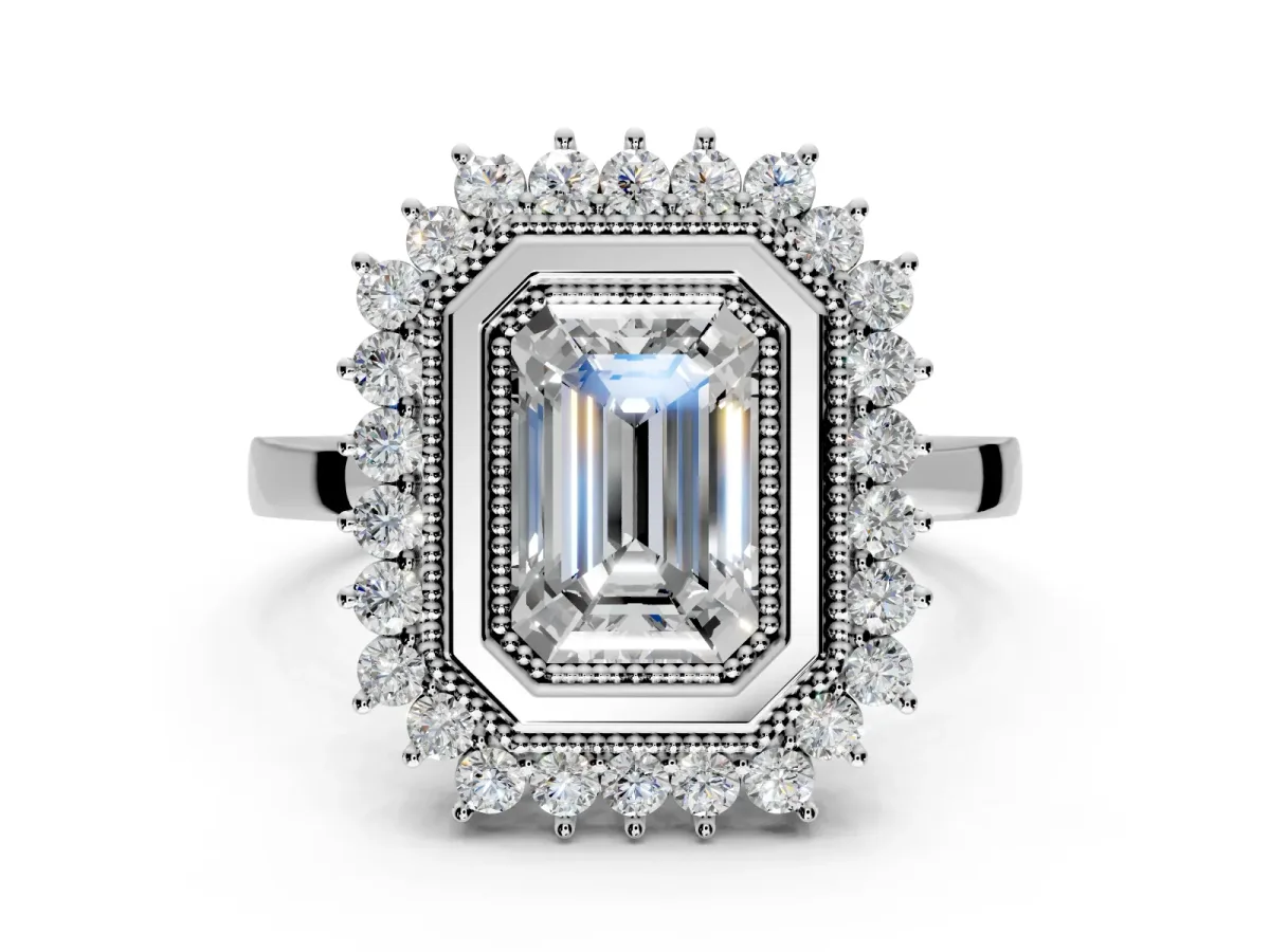 Halo Engagement Ring Setting for Emerald Cut Center with Milgrain Bezel Rim, Plain Band and Prong Head in Platinum