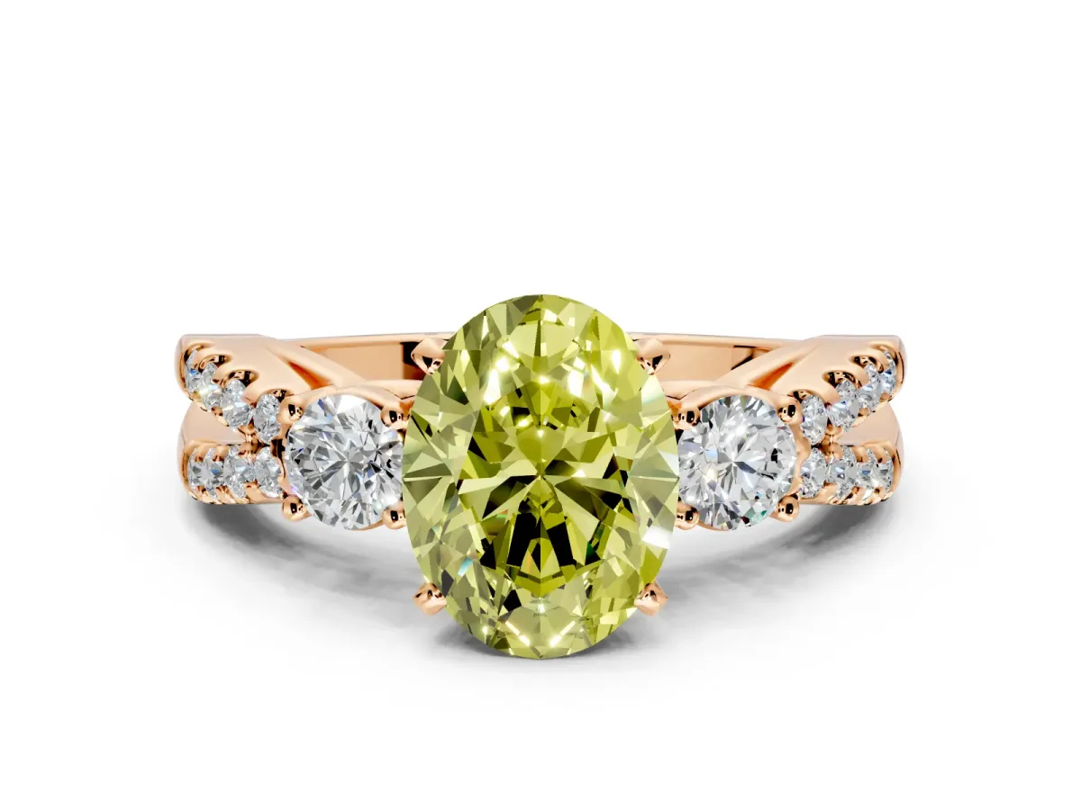 3 Stone Engagement Ring Setting for Fancy Yellow Oval Center with Pave Split Shank and Prong Head in Rose Gold
