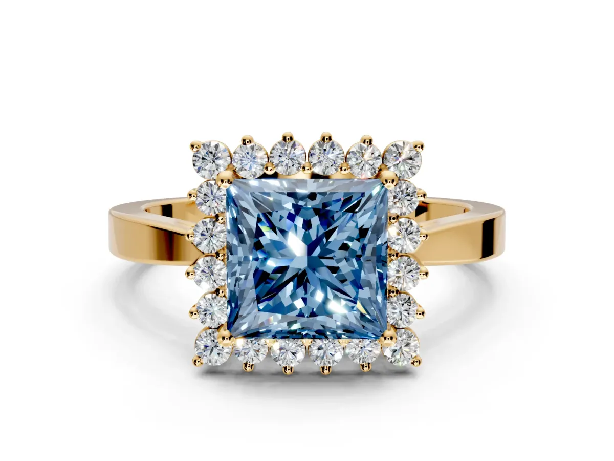 Starburst Halo Engagement Ring Setting for Fancy Blue Princess Cut Center with Flat Cathedral Band and Prong Head in Yellow Gold
