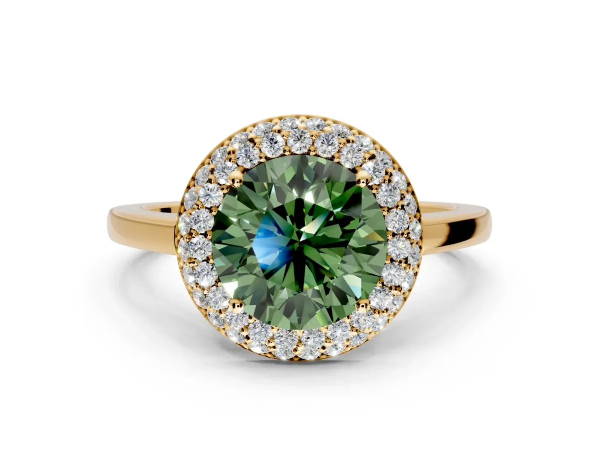 Halo Engagement Ring Setting for Fancy Green Round Cut Center with Plain Tapered Band and Prong Head in Yellow Gold