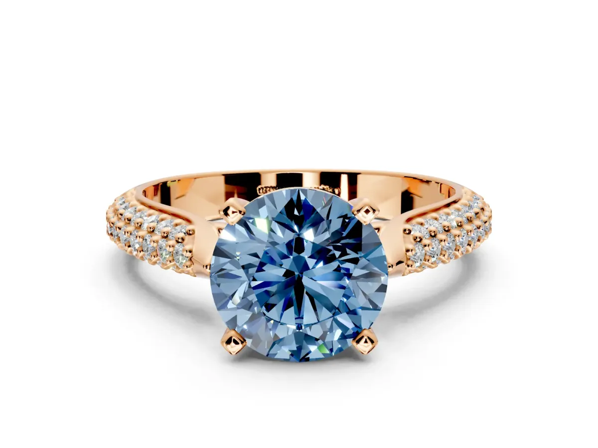 Solitaire Engagement Ring Setting for Fancy Blue Round Cut Center with Multi-Row Accents and Prong Head in Rose Gold