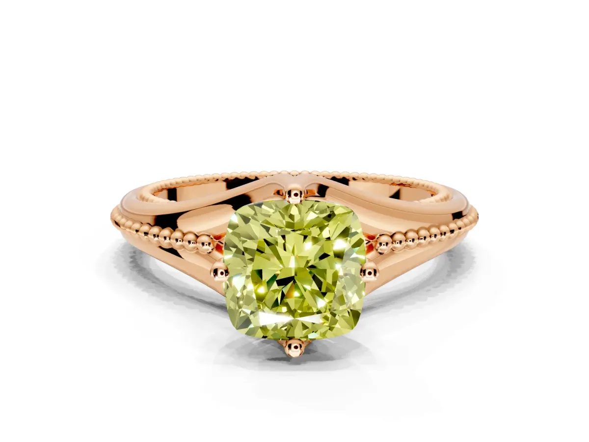 Solitaire Engagement Ring Setting for Fancy Yellow Cushion Cut Center with Milgrain Cathedral Band and Prong Head in Rose Gold