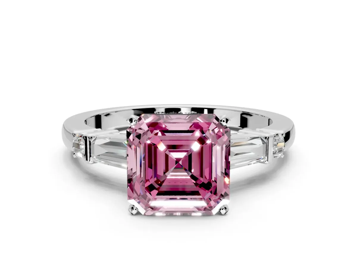 Bar-Set Engagement Ring Setting for Fancy Pink Asscher Cut Center with Tapered Baguette Accents and Prong Head in Platinum