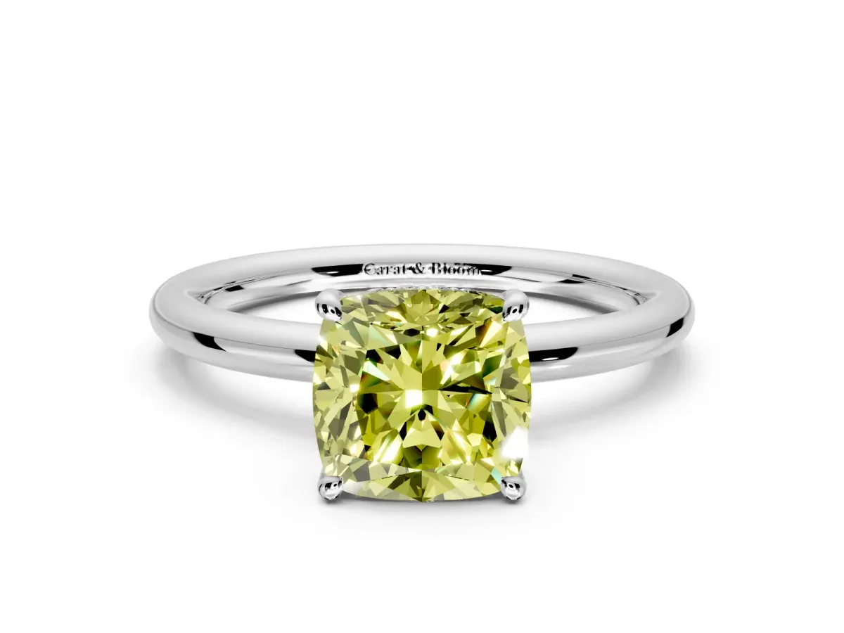 Hidden Halo Engagement Ring Setting for Fancy Yellow Cushion Cut Center with Thin Rounded Band and Prong Head in Platinum