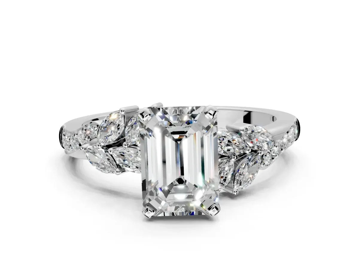 Solitaire Engagement Ring Setting for Emerald Cut Center with Marquise Accent Twist Band and Prong Head in White Gold