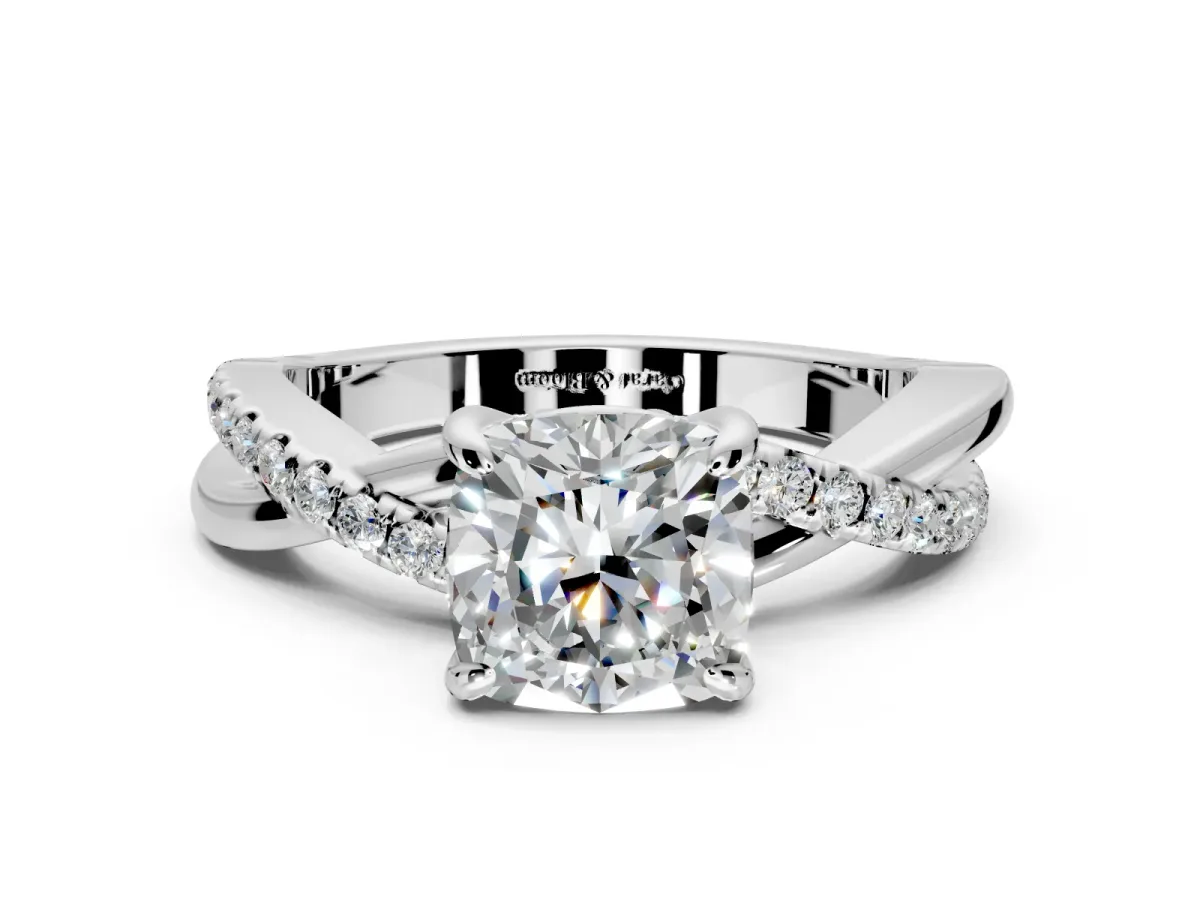 Solitaire Engagement Ring Setting for Cushion Cut Center with Half-Pave Crossover Band and Prong Head in Sterling Silver