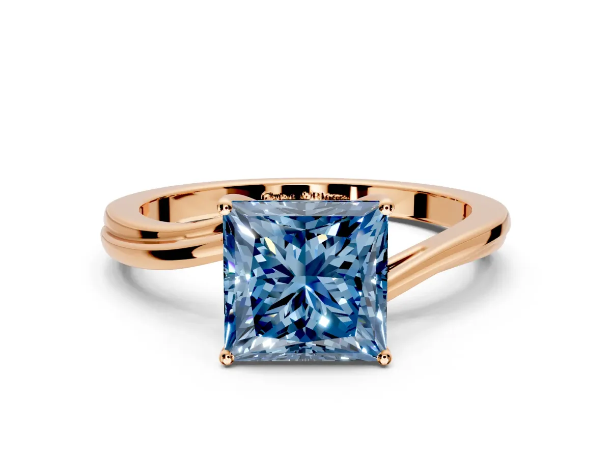Solitaire Engagement Ring Setting for Fancy Blue Princess Cut Center with Plain Bypass Twist Band and Prong Head in Rose Gold