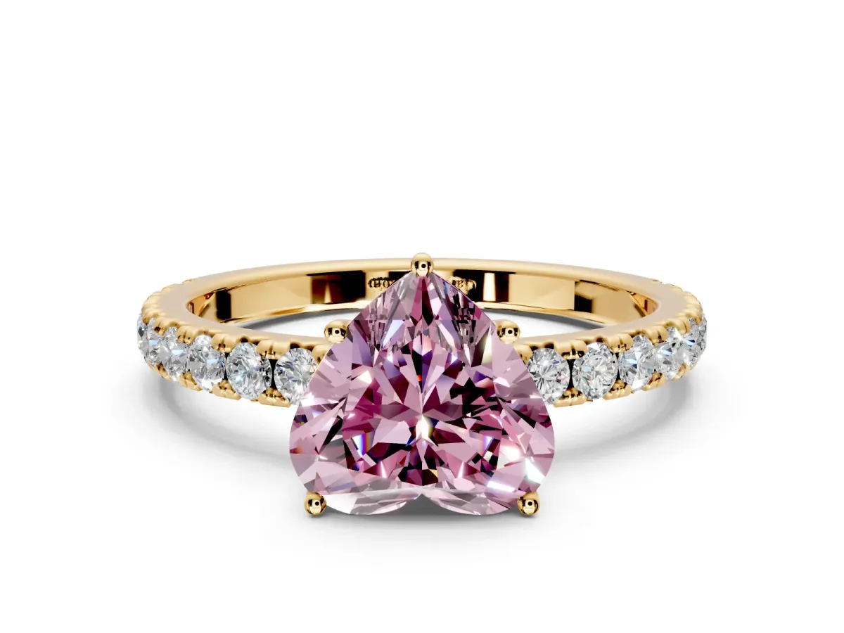Solitaire Engagement Ring Setting for Fancy Pink Heart-Shaped Center with Large Accent Band and Prong Head in Yellow Gold