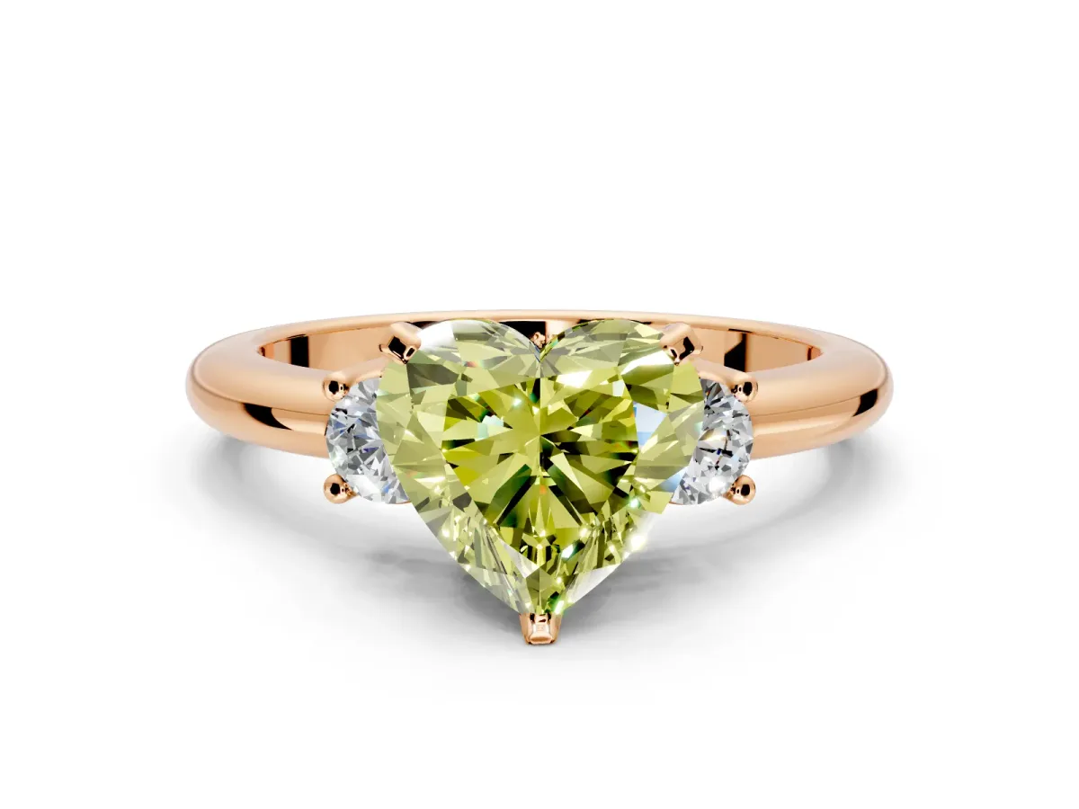 3 Stone Engagement Ring Setting for Fancy Yellow Heart-Shaped Center with Wide Plain Band and Prong Head in Rose Gold