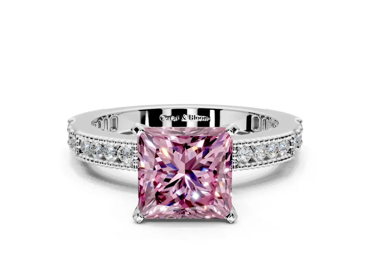 Solitaire Engagement Ring Setting for Fancy Pink Princess Cut Center with Milgrain-Edged Pave Band and Prong Head in Platinum