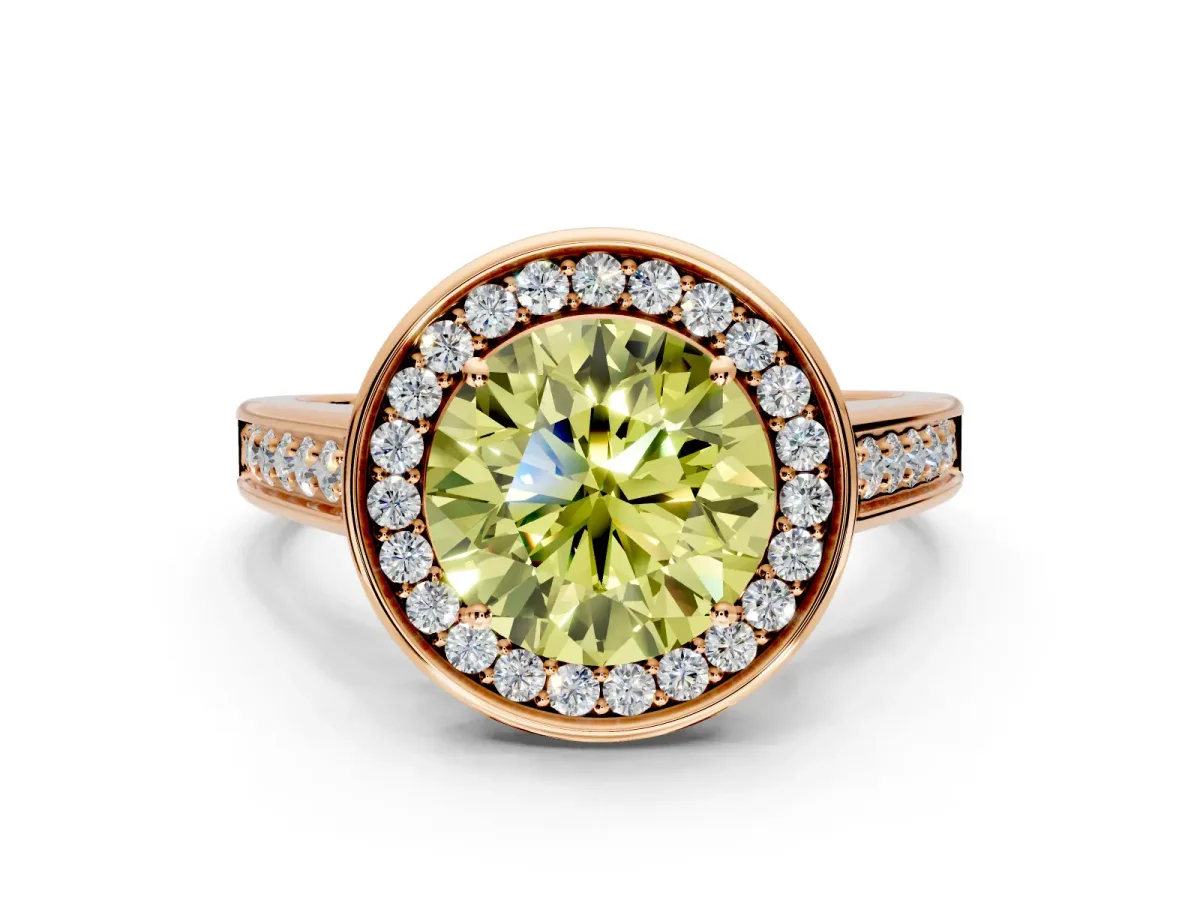 Halo Engagement Ring Setting for Fancy Yellow Round Cut Center with Outer Bezel Rim, Pave Band and Prong Head in Rose Gold