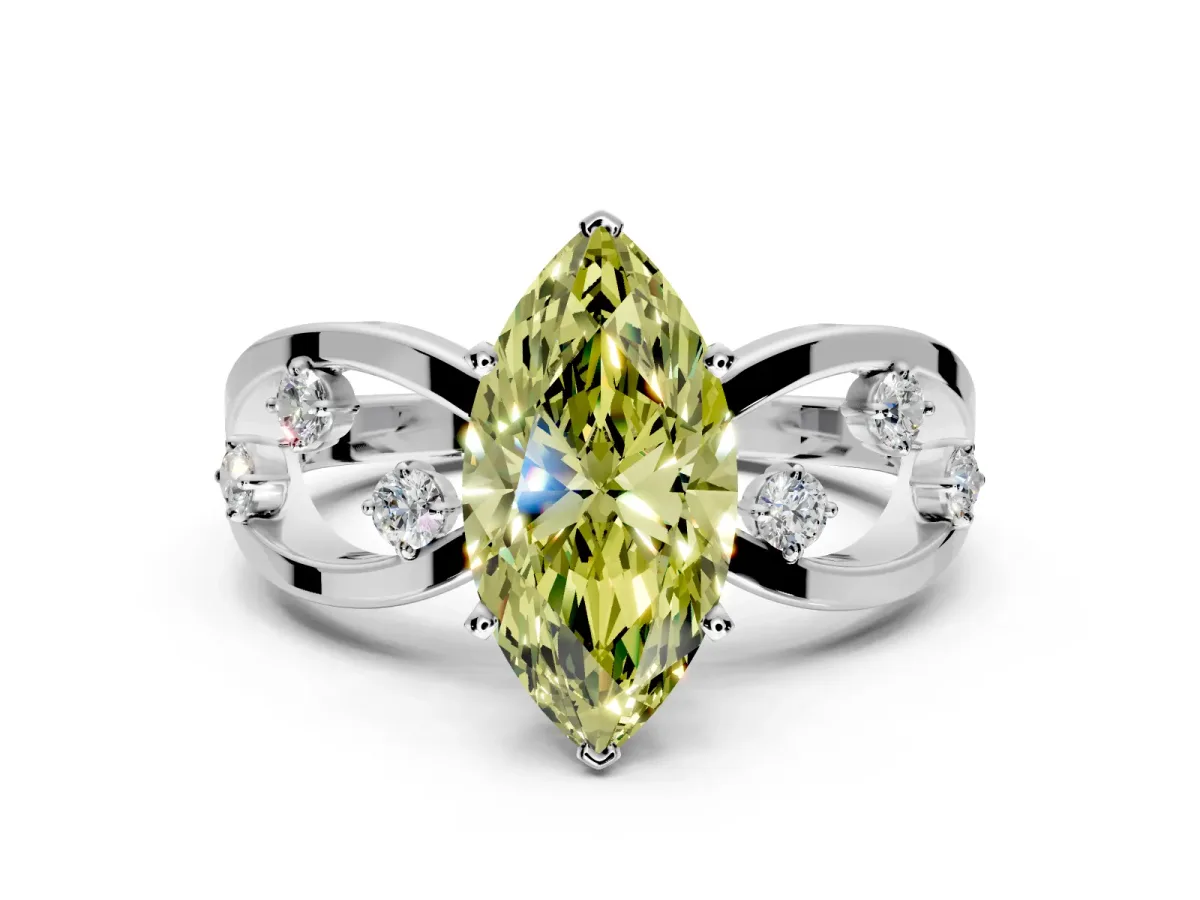 Solitaire Engagement Ring Setting for Fancy Yellow Marquise Center with Criss-Cross Accent Band and Prong Head in Platinum